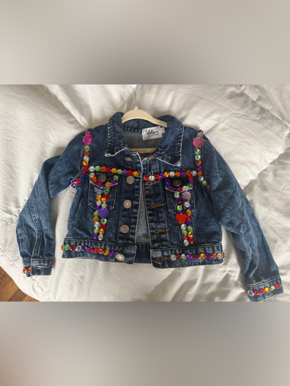 Lola + The Boys Dark Blue Denim Jacket with Multicolor Gem Accents